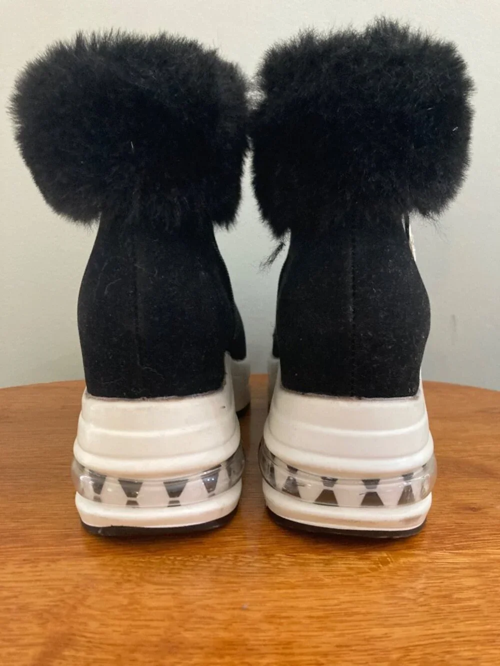 Faux Fur-Trimmed Black Wedge Ankle Boots With Air Cushion Sole Y2K, Gorpcore